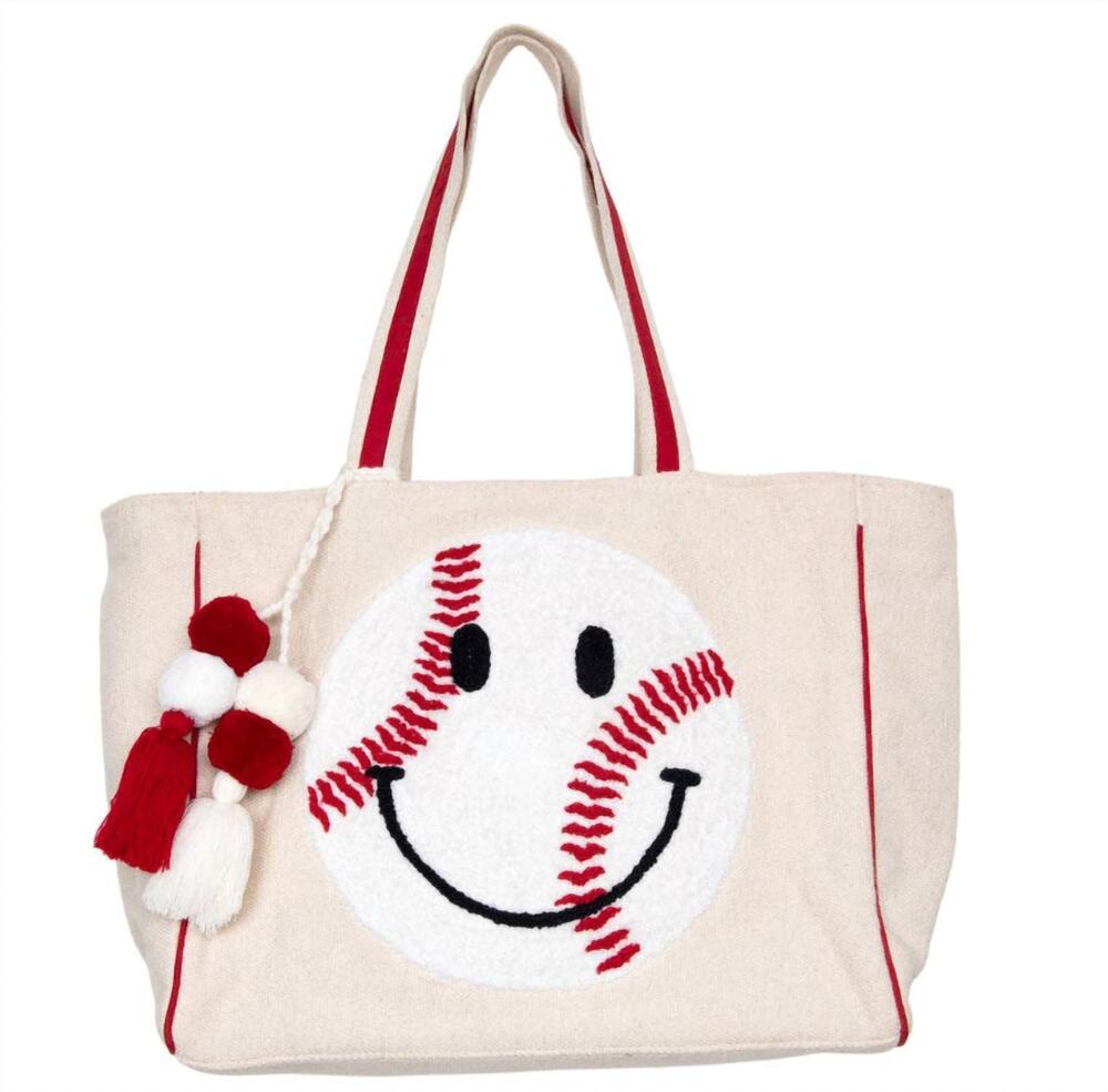 NEW KATYDID women's baseball oversized happy face canvas tote bag in red
